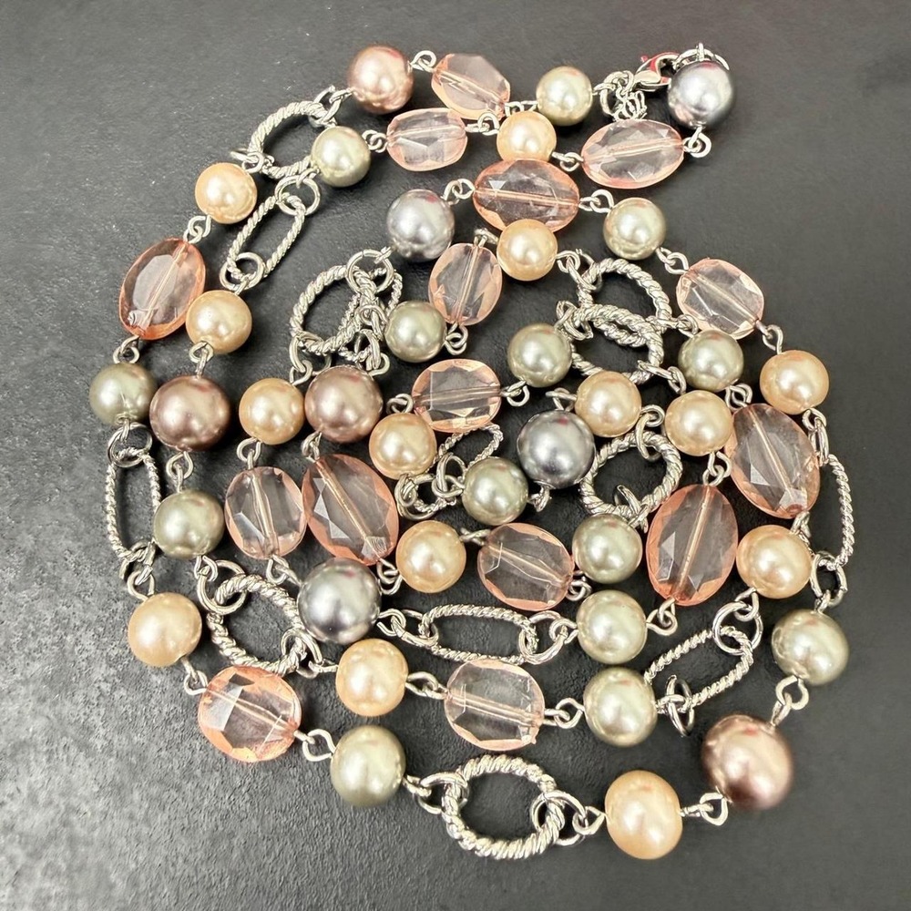 Long Faux Pearl Peach Glass Necklace Crown Charm Silver Tone Layered Strand